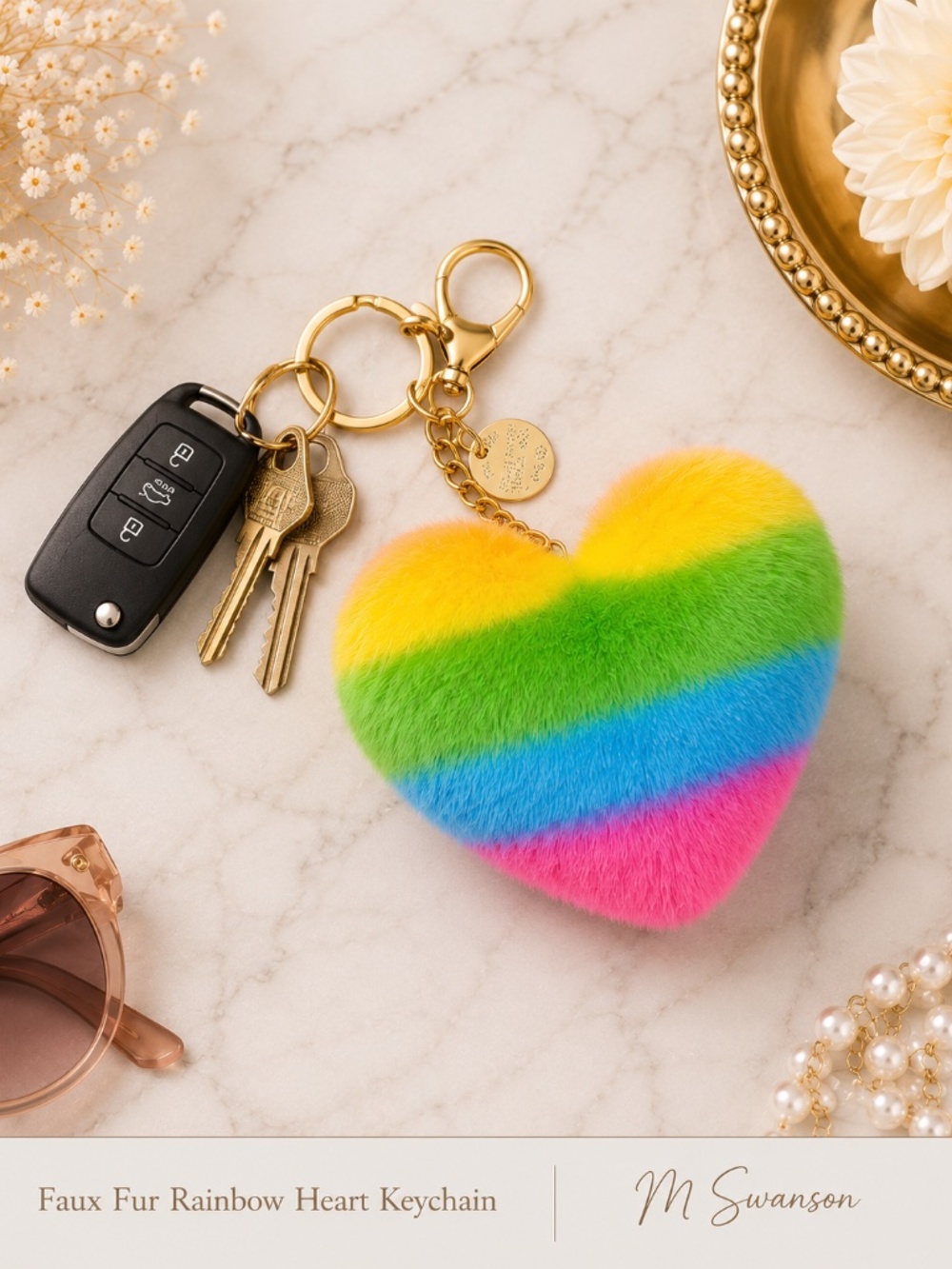NEW Rainbow Faux Fur Heart Bag Charm Keychain Double-Sided Plush Accessory